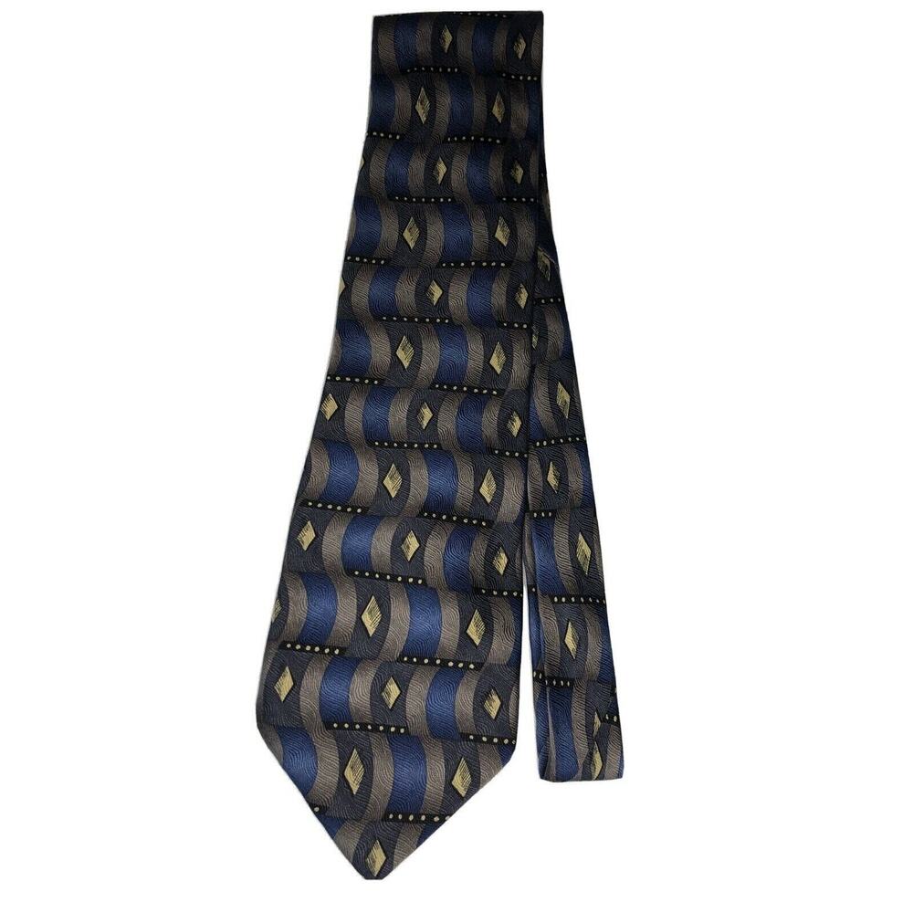 Versini Men's Neck Tie Blue, Gray, Gold & Black Diamond & Waves 100% Silk